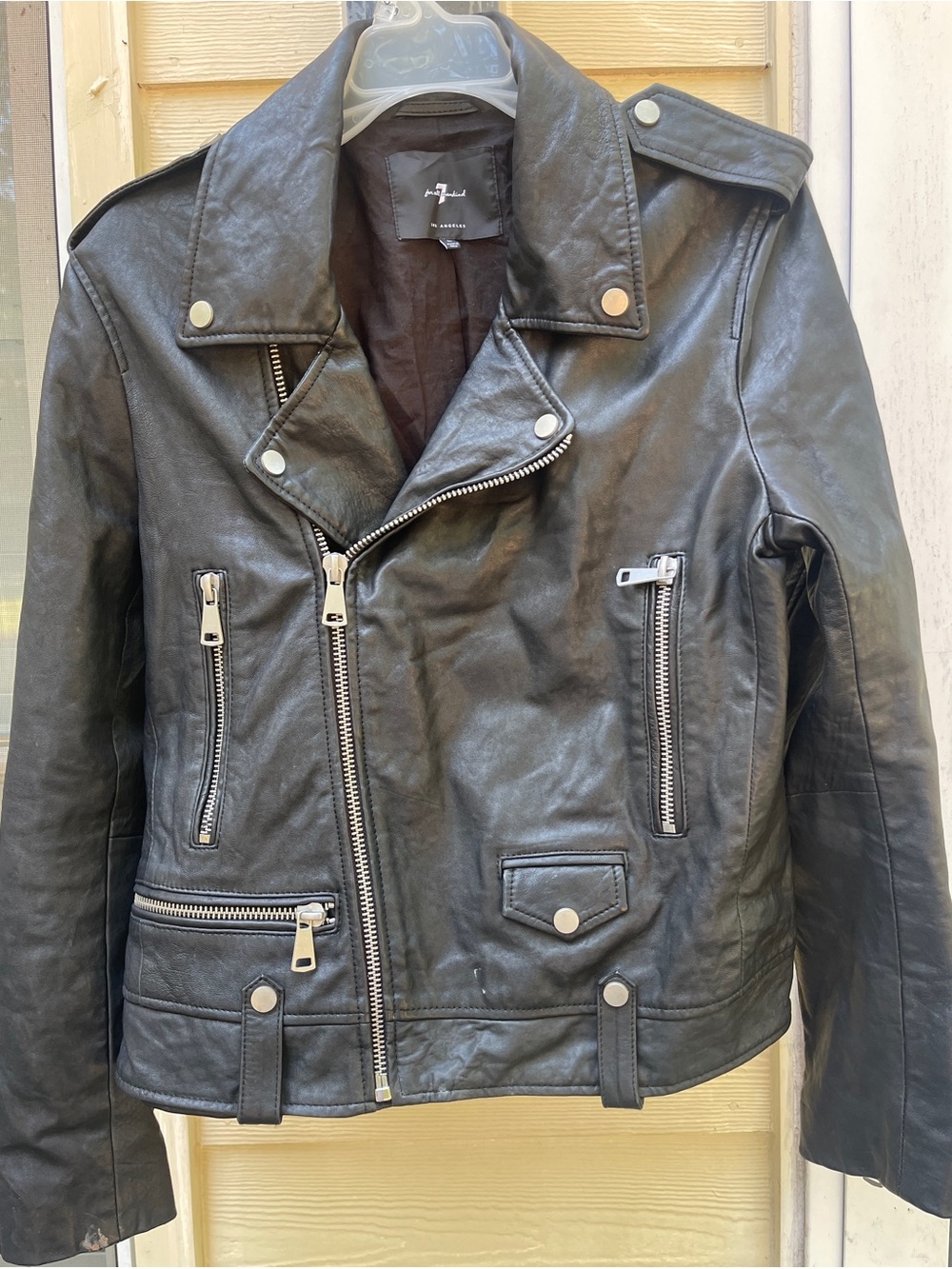 7 For All Mankind Asymmetrical Moto Genuine Pebbled Leather Jacket Black L $698